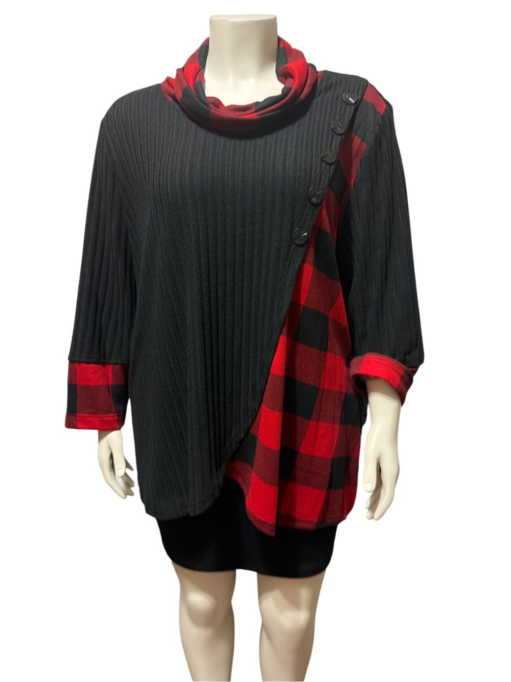 Ali Miles 2X Black Ribbed Red Buffalo Plaid Cowl Neck Asymmetric Button Tunic
